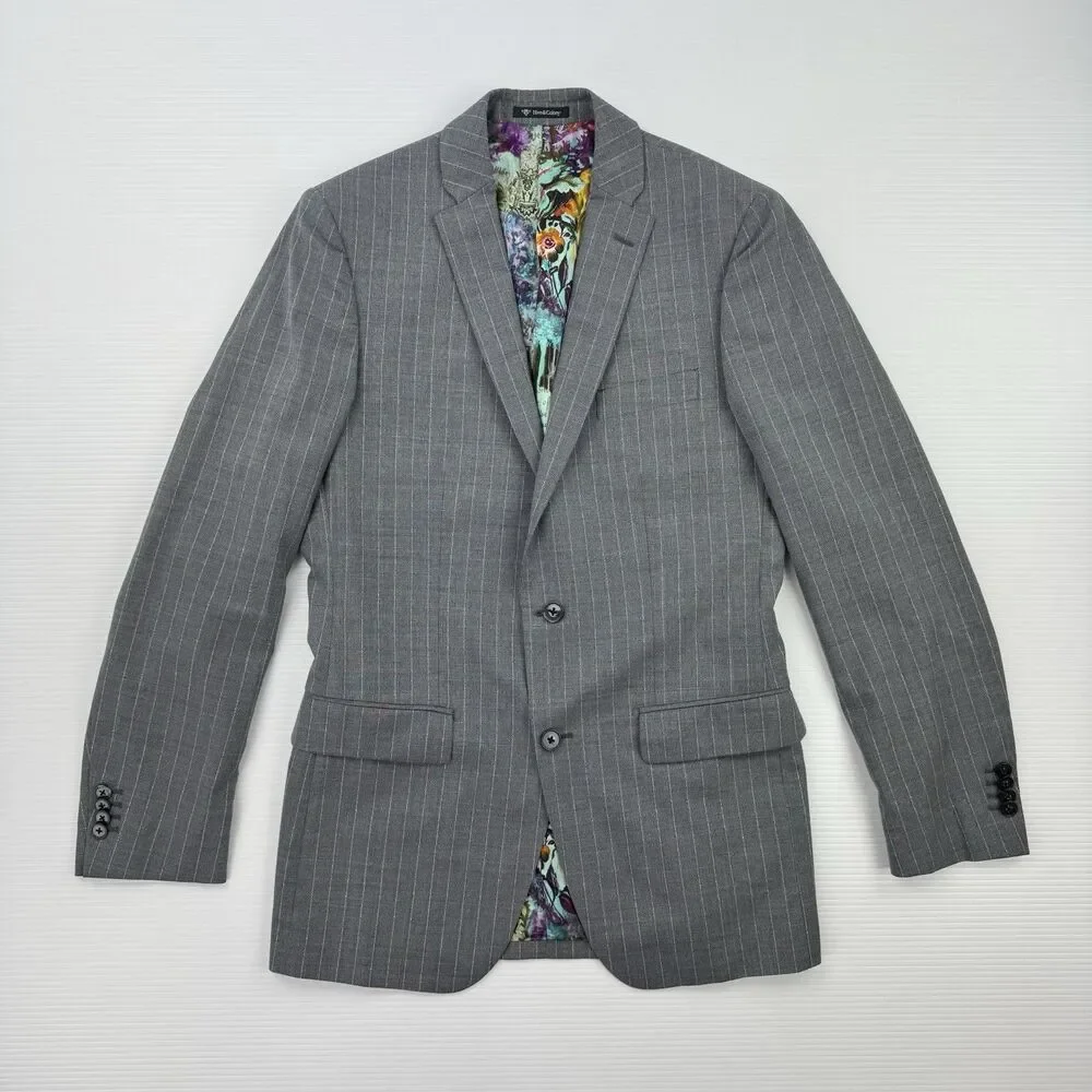 Hive & Colony Gray Pinstripe Blazer Mens 38L Wool Blend Floral Lined Sport Coat